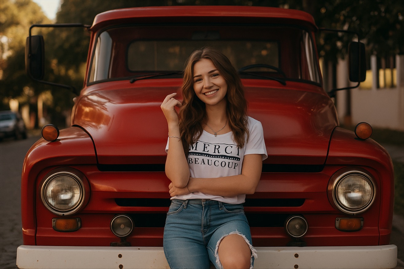 Young woman leaning against a red pickup truck, smiling and gazing ahead dreamily—imagining how she could turn what she loves into her livelihood.