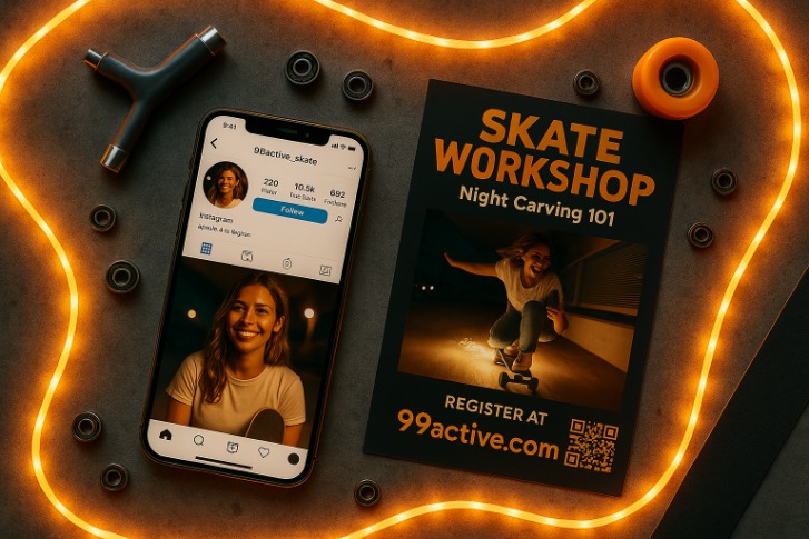 An iPhone displaying an Instagram post showing an activity booking, alongside a printed QR poster for the same activity - demonstrating the perfect combination of digital and analog marketing that 99active enables.