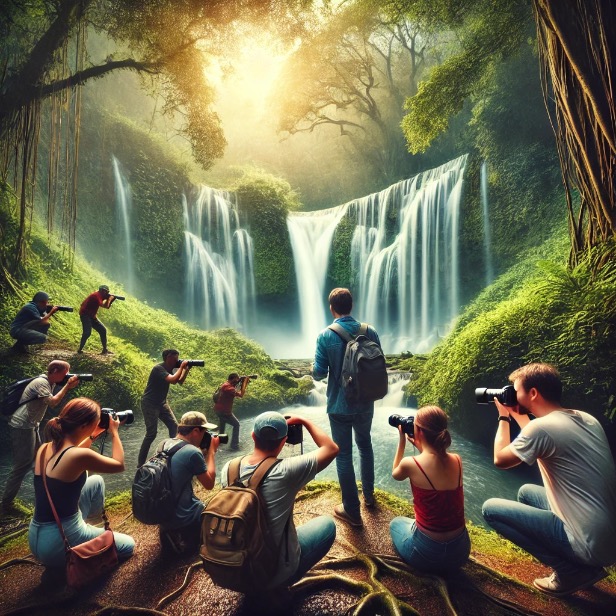 An image that showcases a person leading a photography and hiking workshop in a outdoor setting, with participants capturing a waterfall.