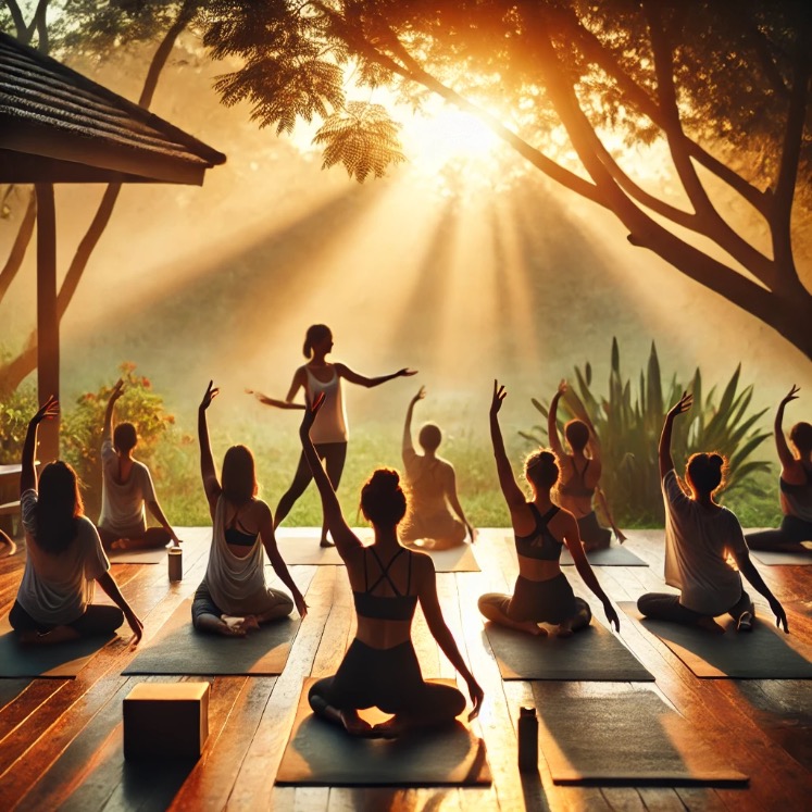 An image showing a small group of people participating in a yoga class in a outdoor setting during the early morning. The instructor is guiding the participants.