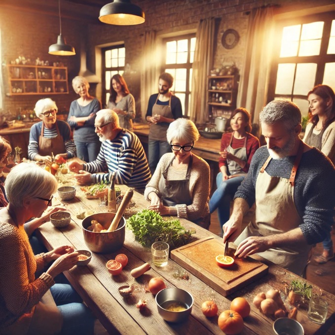 An image of a cozy, community-focused cooking class in a warm kitchen setting. The instructor is demonstrating a culinary technique, while participant cutting fruits and vegetables.