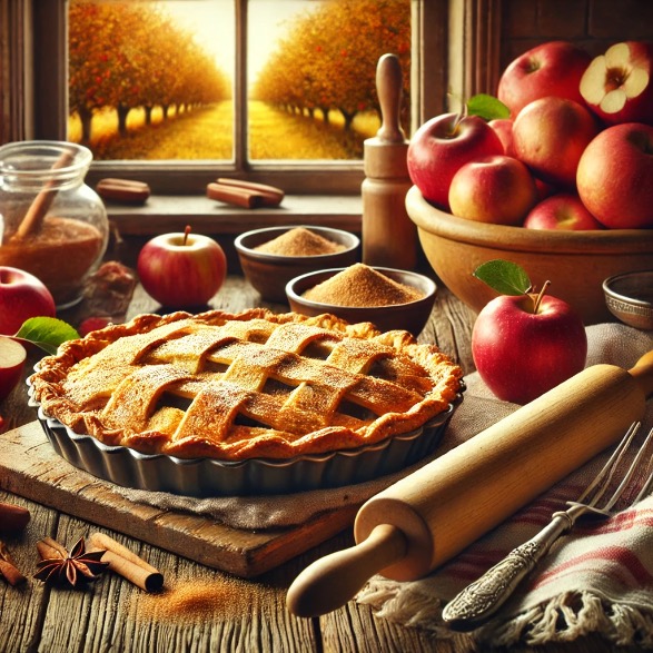 A cozy autumn kitchen with a freshly baked apple pie, surrounded by apples, baking utensils, and a view of an orchard through the window.