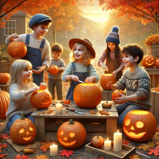 Children carving pumpkins outdoors, surrounded by autumn leaves and colorful trees, creating glowing lanterns for a fun and festive fall activity.