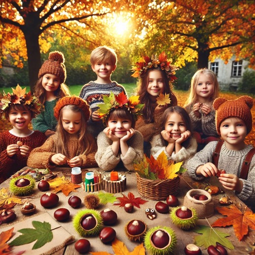 Kinder sitzen an einem Tisch im Freien und basteln mit Kastanien, Blättern und Naturmaterialien in einer herbstlichen Umgebung, umgeben von Bäumen in Herbstfarben.