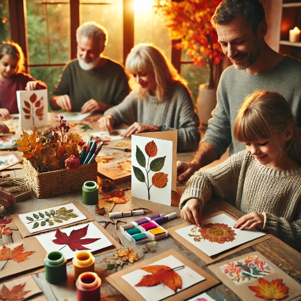 Adults and children crafting autumn greeting cards at a table full of colorful leaves, pressed flowers, and craft materials.