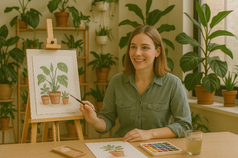 Hannah beim Aquarell-Workshop in entspannter Atmosphäre