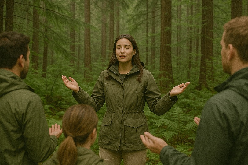 Lisa führt eine kleine Gruppe durch einen entspannten Waldspaziergang