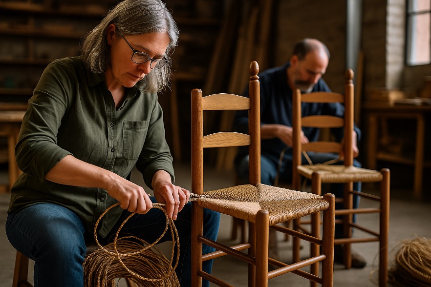 Person, die einen traditionellen Binsenhocker auf einem Holzrahmen mit natürlichen Binsenfasern in einer Werkstattumgebung flicht