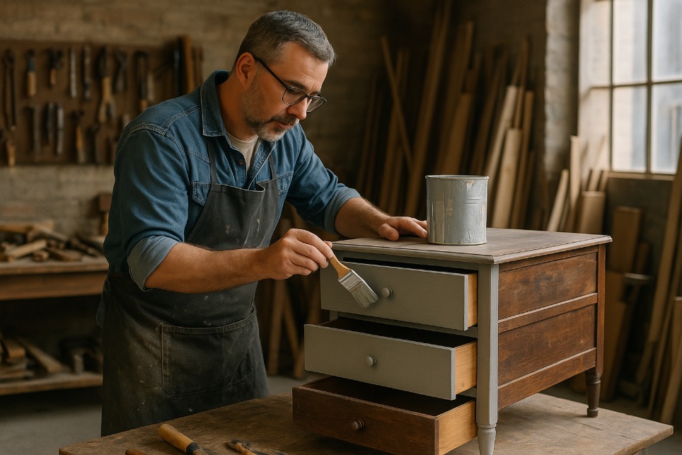 Hände, die alte Gegenstände mit Upcycling-Techniken in neue Kreationen verwandeln, zeigen das Vorher und Nachher von aufgefrischten Möbeln und Kleidung