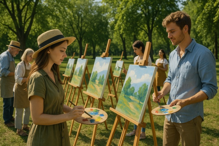 Gruppe von Menschen, die eine entspannte Aquarellmalsession auf Picknickdecken in einem Park genießen, mit sichtbaren Malutensilien und fertigen Bildern