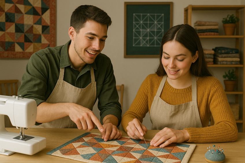 Diverse Gruppe von Menschen, die gemeinsam an einem Gemeinschaftsquilt-Projekt arbeiten, mit bunten Stoffquadraten, die persönliche Geschichten und Designs zeigen