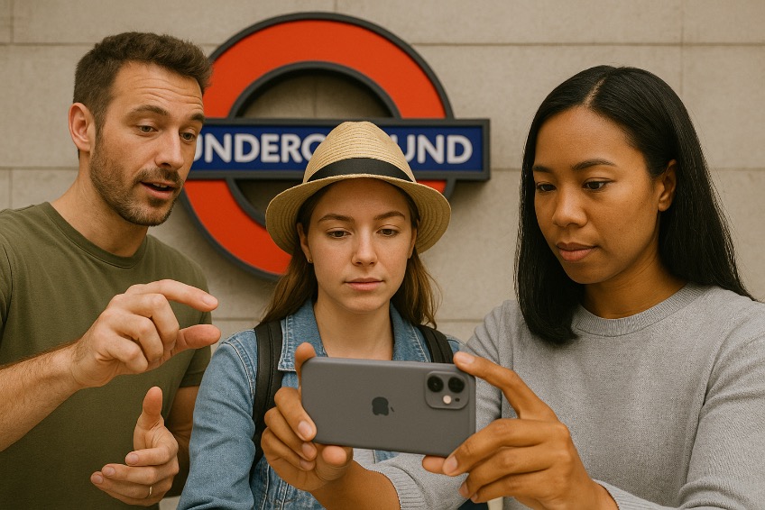 Kleine Gruppe, die urbane Umgebungen erkundet und kreative Smartphone-Fotos macht, während ein Kursleiter Kompositionstechniken demonstriert